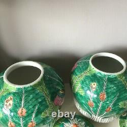 Pair of Chinese export Cabbage Leaf & Butterfly signed lidded vases temple jars