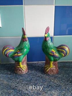 Pair of Chinese porcelain rooster / cockerel sculptures ornaments Signed Rare