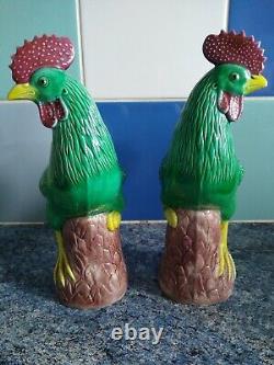 Pair of Chinese porcelain rooster / cockerel sculptures ornaments Signed Rare