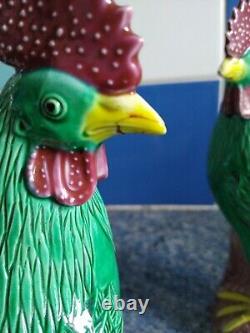 Pair of Chinese porcelain rooster / cockerel sculptures ornaments Signed Rare