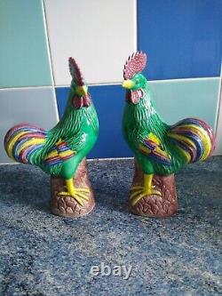 Pair of Chinese porcelain rooster / cockerel sculptures ornaments Signed Rare