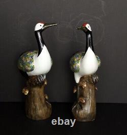 Pair of Early 20th Century Chinese Chinoiserie Chic HandPainted Porcelain Cranes