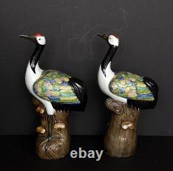 Pair of Early 20th Century Chinese Chinoiserie Chic HandPainted Porcelain Cranes