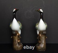 Pair of Early 20th Century Chinese Chinoiserie Chic HandPainted Porcelain Cranes