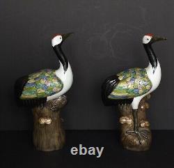 Pair of Early 20th Century Chinese Chinoiserie Chic HandPainted Porcelain Cranes