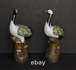 Pair of Early 20th Century Chinese Chinoiserie Chic HandPainted Porcelain Cranes