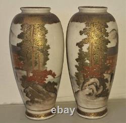 Pair of Exquisite Antique Japanese Satsuma Hand Painted & Gilded Vases Signed