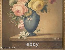 Pair of French Antique / Vintage Oil Paintings Floral Still Life Signed Corbe