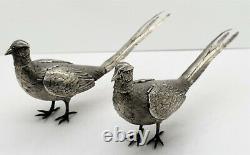 Pair of German solid silver PHEASANTS. PULL OFF HEADS. ARTICULATED WINGS. C. 1900