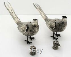 Pair of German solid silver PHEASANTS. PULL OFF HEADS. ARTICULATED WINGS. C. 1900