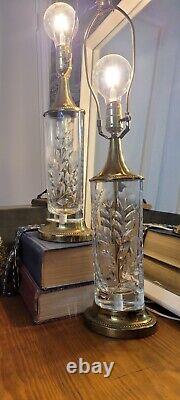 Pair of Hand Cut, Signed, Vintage Dresden Crystal Table Lamps with Brass Bases