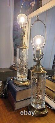 Pair of Hand Cut, Signed, Vintage Dresden Crystal Table Lamps with Brass Bases