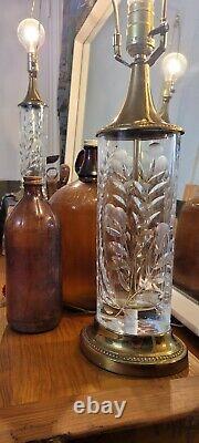 Pair of Hand Cut, Signed, Vintage Dresden Crystal Table Lamps with Brass Bases