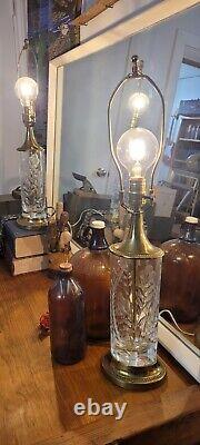 Pair of Hand Cut, Signed, Vintage Dresden Crystal Table Lamps with Brass Bases