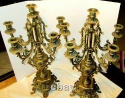 Pair of Italian Brevettato Style Five Light Brass Baroque Candelabras Signed 24