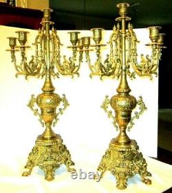 Pair of Italian Brevettato Style Five Light Brass Baroque Candelabras Signed 24