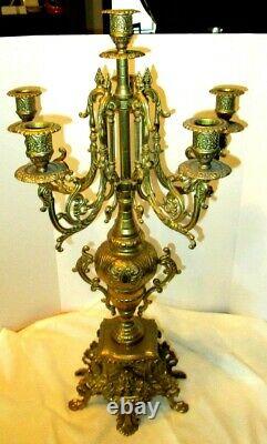 Pair of Italian Brevettato Style Five Light Brass Baroque Candelabras Signed 24