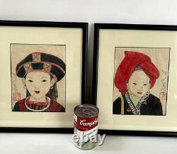 Pair of Japanese Asian Portrait Woman Signed Etching Hand Colored