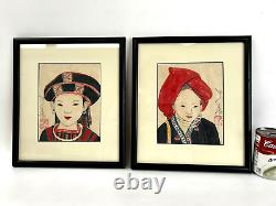 Pair of Japanese Asian Portrait Woman Signed Etching Hand Colored