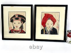 Pair of Japanese Asian Portrait Woman Signed Etching Hand Colored