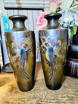 Pair of Japanese Meiji Period Bronze Mixed Metal Inlay Rooster Vases Signed 10