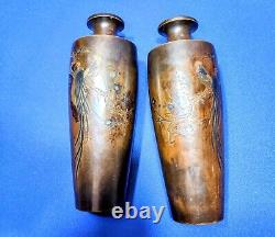 Pair of Japanese Meiji Period Bronze Mixed Metal Inlay Rooster Vases Signed 10