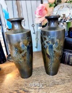 Pair of Japanese Meiji Period Bronze Mixed Metal Inlay Rooster Vases Signed 10