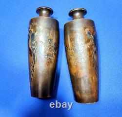 Pair of Japanese Meiji Period Bronze Mixed Metal Inlay Rooster Vases Signed 10