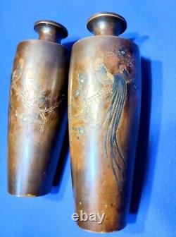 Pair of Japanese Meiji Period Bronze Mixed Metal Inlay Rooster Vases Signed 10