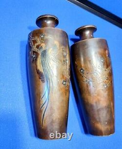 Pair of Japanese Meiji Period Bronze Mixed Metal Inlay Rooster Vases Signed 10