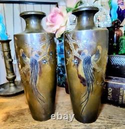 Pair of Japanese Meiji Period Bronze Mixed Metal Inlay Rooster Vases Signed 10