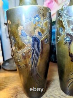 Pair of Japanese Meiji Period Bronze Mixed Metal Inlay Rooster Vases Signed 10