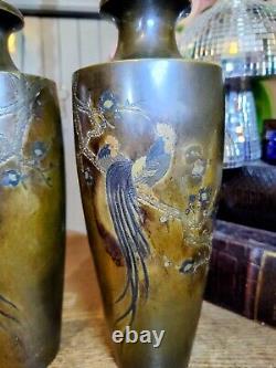 Pair of Japanese Meiji Period Bronze Mixed Metal Inlay Rooster Vases Signed 10