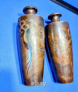 Pair of Japanese Meiji Period Bronze Mixed Metal Inlay Rooster Vases Signed 10