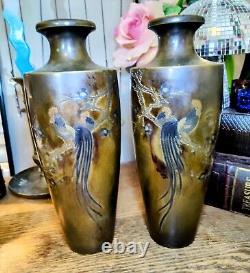 Pair of Japanese Meiji Period Bronze Mixed Metal Inlay Rooster Vases Signed 10