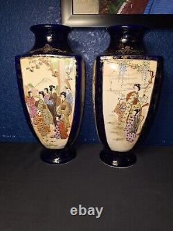 Pair of Japanese Meiji Period Satsuma 12 Cobalt Blue Pottery Vases Signed