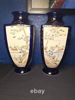 Pair of Japanese Meiji Period Satsuma 12 Cobalt Blue Pottery Vases Signed