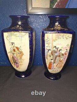 Pair of Japanese Meiji Period Satsuma 12 Cobalt Blue Pottery Vases Signed