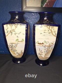 Pair of Japanese Meiji Period Satsuma 12 Cobalt Blue Pottery Vases Signed