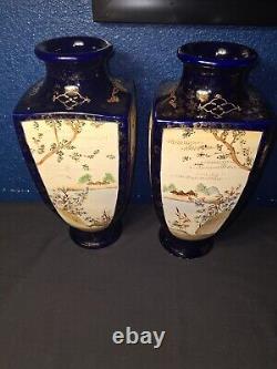 Pair of Japanese Meiji Period Satsuma 12 Cobalt Blue Pottery Vases Signed