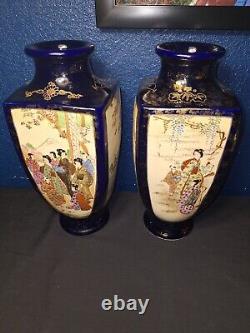 Pair of Japanese Meiji Period Satsuma 12 Cobalt Blue Pottery Vases Signed