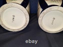 Pair of Japanese Meiji Period Satsuma 12 Cobalt Blue Pottery Vases Signed