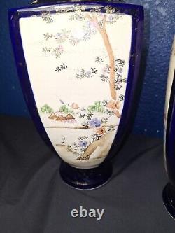 Pair of Japanese Meiji Period Satsuma 12 Cobalt Blue Pottery Vases Signed