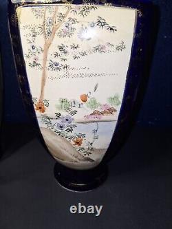 Pair of Japanese Meiji Period Satsuma 12 Cobalt Blue Pottery Vases Signed