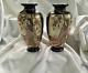 Pair Of Japanese Meiji Period Satsuma 7 Cobalt Pottery Vases Signed