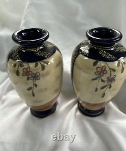 Pair of Japanese Meiji Period Satsuma 7 Cobalt Pottery Vases Signed