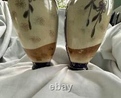 Pair of Japanese Meiji Period Satsuma 7 Cobalt Pottery Vases Signed