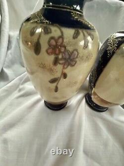 Pair of Japanese Meiji Period Satsuma 7 Cobalt Pottery Vases Signed