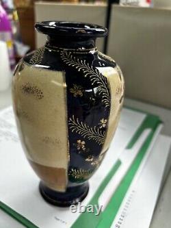 Pair of Japanese Meiji Period Satsuma 7 Cobalt Pottery Vases Signed