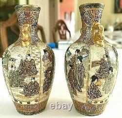 Pair of Japanese Satsuma Miniature vases. Meiji period Signed Satsuma